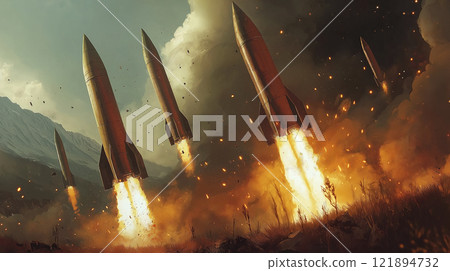 Ground attack using rocket systems with multiple barrels. AI-generated item Ground attack using rocket systems with multiple barrels. AI-generated item 121894732