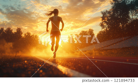 Woman in sportswear running on road with sunset background. AI-generated item 121894733