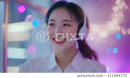 Happy asian woman call center agent or service desk consultant listen customer. AI-generated item 121894735