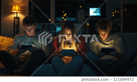 Teenager addicted with laptop and smartphone. AI-generated item 121894972