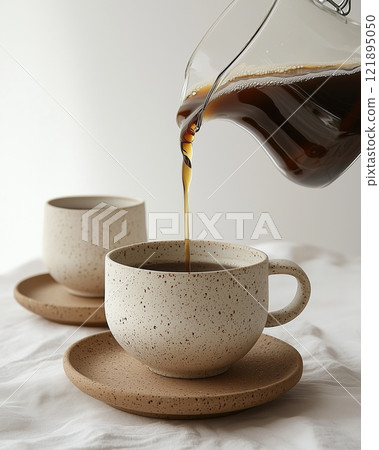 Coffee pouring into handmade ceramic mug. AI-generated item 121895050