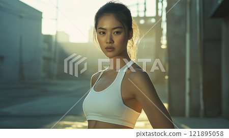 Pretty young asian man in white tank top posing at street. AI-generated item 121895058