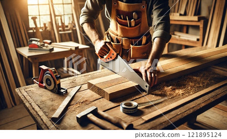 Carpenter working on wood at a workbench 121895124