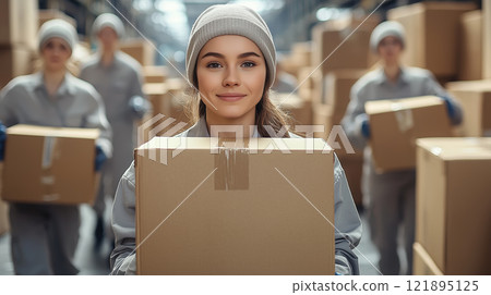 Smiling woman in uniform holding large cardboard box. AI-generated item 121895125