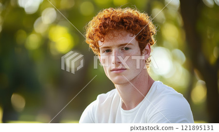Portrait of young man with red curly hair in white t-shirt posing outdoors. AI-generated item 121895131
