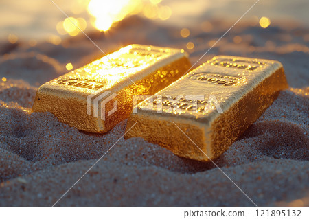 Gold bars on the sand. Close up. AI-generated item 121895132