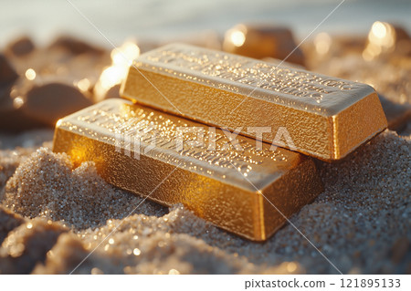 Gold bars on the sand. Close up. AI-generated item 121895133