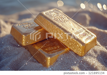 Gold bars on the sand. Close up. AI-generated item 121895134