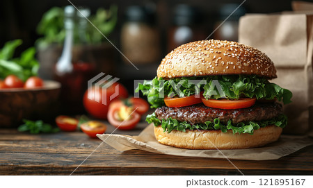 Classic tasty burger on wooden table. AI-generated item 121895167
