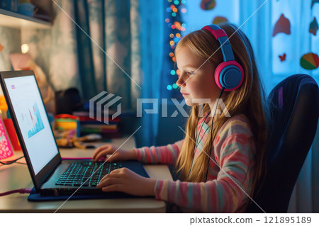 Little pretty girl with laptop and headphone sitting at desk at her room. AI-generated item 121895189