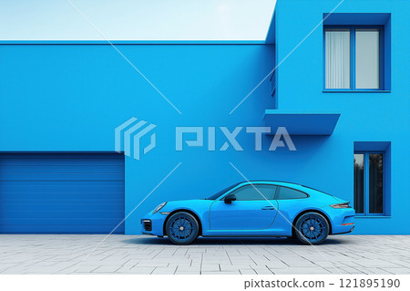 Blue car in front of blue building. AI-generated item Blue car in front of blue building. AI-generated item 121895190