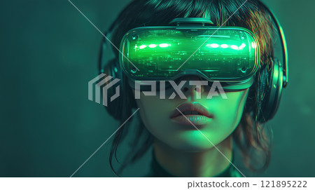 Portrait of young woman wearing glowing green VR glasses. AI-generated item Portrait of young woman wearing glowing green VR glasses. AI-generated item 121895222