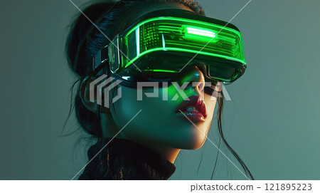 Portrait of young woman wearing glowing green VR glasses. AI-generated item 121895223
