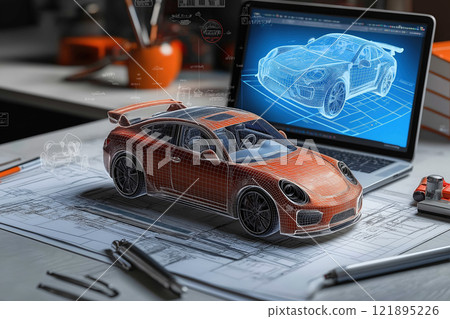 Detailed CAD car design with 3D wireframe overlay on desk. AI-generated item 121895226