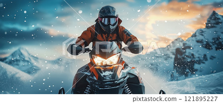 Man driving snowmobile in the mountains covered with bright white snow. AI-generated item 121895227