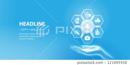 Medical icons inside hexagons around medical cross and holding hand. Health care plane, patient service digital technology, ai integrate, futuristic pharmacy, innovation concept 121895438