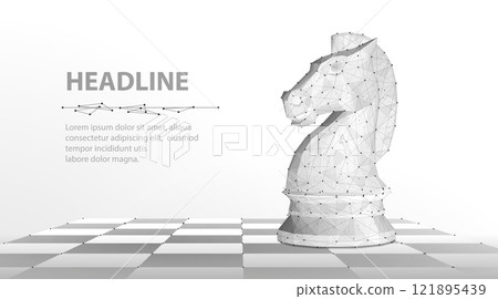 Knight. Abstract vector 3d chess knight on chessboard. Business strategy, marketing solution, strategic vision, innovate technology concept. Knight. Abstract vector 3d chess knight on chessboard. Business strategy, marketing solution, strategic vision, innovate technology concept. 121895439