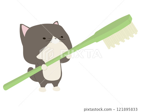 Brown-skinned cat holding a toothbrush 121895833