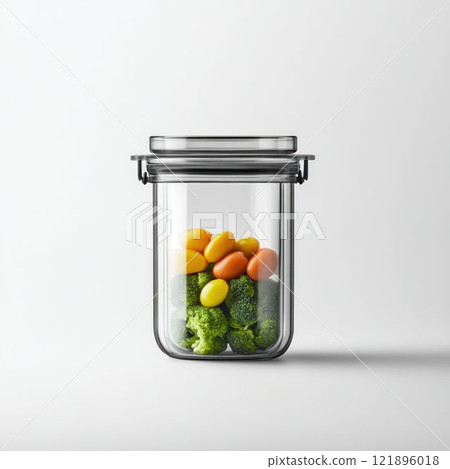 Glass Jar with Broccoli and Tomatoes Isolated on White Background 121896018