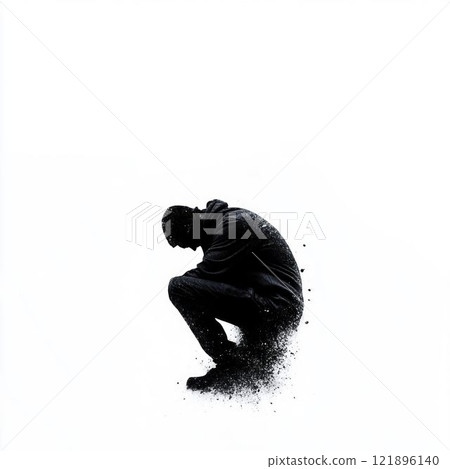 Silhouette of Hooded Man Kneeling with Falling Black Sand on White Background 121896140
