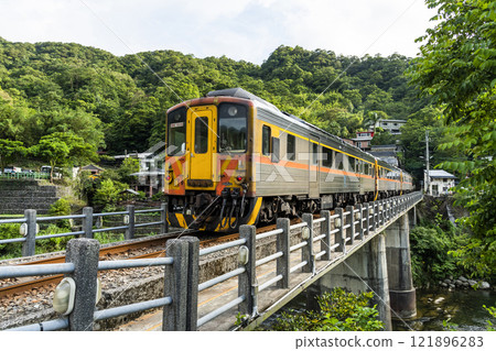 View of the Pingxi Branch Rail Line train drive pasting the Sandiaoling in New Taipei City, Taiwan. 121896283