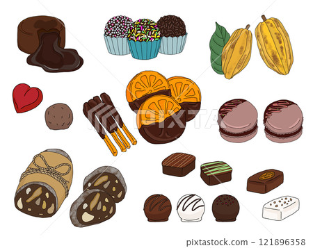 A set of line drawings of various types of chocolate 121896358