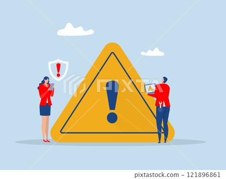 businessman checking with exclamation sign,warning message, caution or alert attention, safety or danger risk or important information, beware or careful sign,vector illustrator businessman checking with exclamation sign,warning message, caution or alert attention, safety or danger risk or important information, beware or careful sign,vector illustrator 121896861