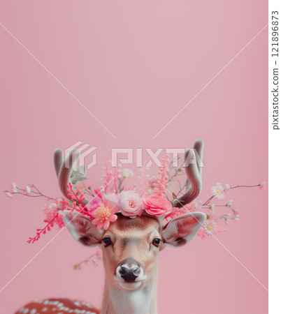 AI-generated image of a deer wearing a flower crown on its head 121896873
