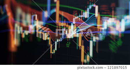Dynamic financial stock market chart with color indicators, moving averages and technical analysis visualization Dynamic financial stock market chart with color indicators, moving averages and technical analysis visualization 121897015