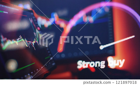 Dynamic Stock Market Analysis Interface with Candlestick Chart, Buy Signal, and Vibrant Trend Lines Dynamic Stock Market Analysis Interface with Candlestick Chart, Buy Signal, and Vibrant Trend Lines 121897018