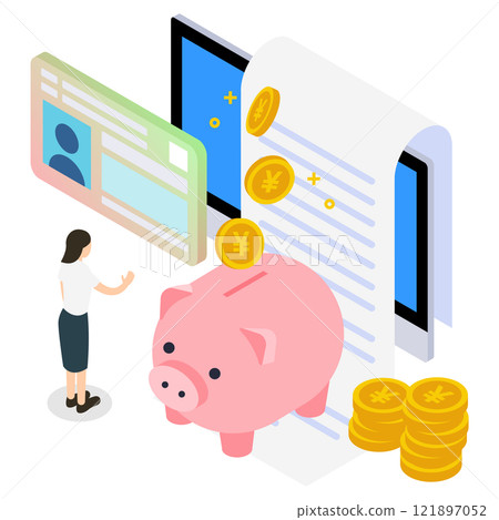 Isometric illustration of tax return with my number card and piggy bank 121897052