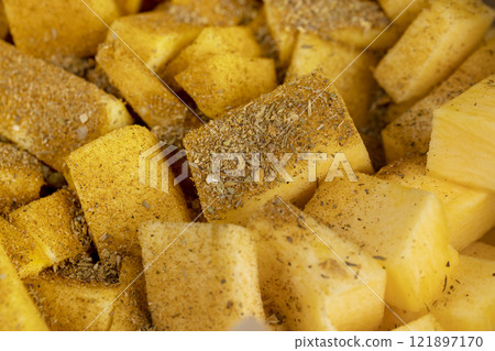 orange pumpkin fruit details cut into pieces for cooking 121897170