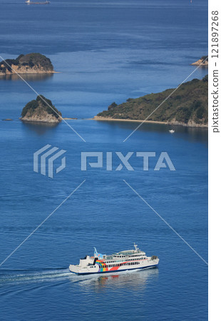 The Seto Inland Sea as seen from Yashima, an international ferry sailing just before Oshima in the Bisan Seto The Seto Inland Sea as seen from Yashima, an international ferry sailing just before Oshima in the Bisan Seto 121897268