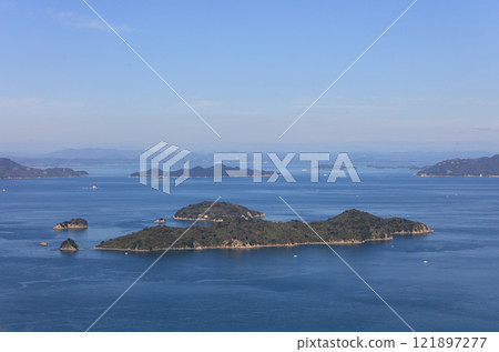 The Seto Inland Sea as seen from Yashima, Oshima Island in Bisan Seto, and behind them (from left) Teshima Island, Ko-Teshima Island, and Shodoshima Island 121897277