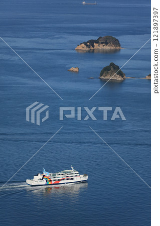 The Seto Inland Sea as seen from Yashima, an international ferry sailing just before Oshima in the Bisan Seto 121897397