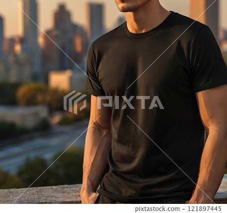 Mockup of a Black T-Shirt with Urban Sunset 121897445