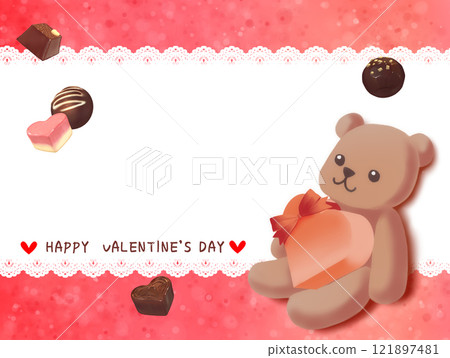Valentine's Day card with an illustration of a teddy bear holding chocolate 121897481