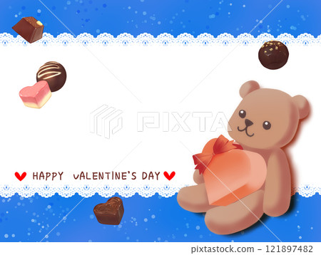 Valentine's Day card with an illustration of a teddy bear holding chocolate 121897482