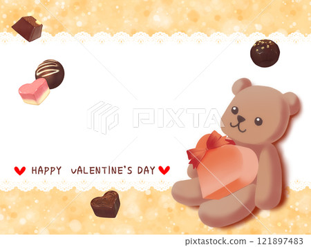Valentine's Day card with an illustration of a teddy bear holding chocolate 121897483