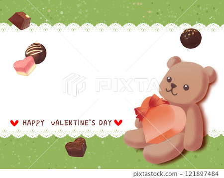 Valentine's Day card with an illustration of a teddy bear holding chocolate 121897484