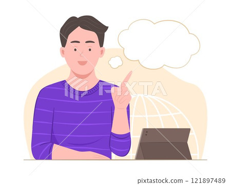 Young Man Pointing Empty Speech Bubble for Copy Space Concept Illustration 121897489