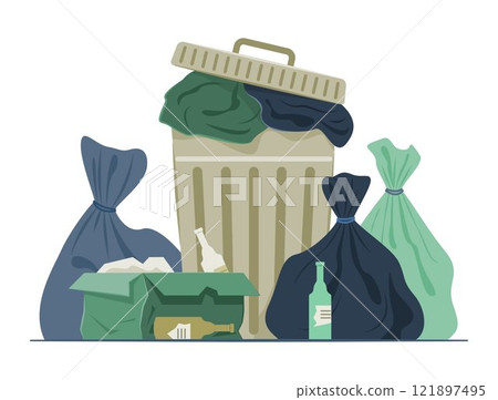 Trash Can with Pile of Garbage Bags for Scattered Trash Concept Illustration Trash Can with Pile of Garbage Bags for Scattered Trash Concept Illustration 121897495