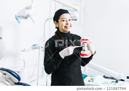 Smiling female dentist showing a denture, Dentist explaining tooth brushing, female dentist showing a denture and brush 121897764