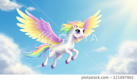 彩虹色的獨角獸在天空中飛翔 121897802