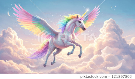 彩虹色的獨角獸在天空中飛翔 121897803