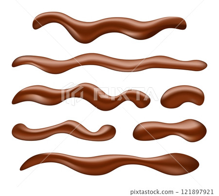 Realistic Chocolate Drips and Drops for Food Packaging, Branding, and Dessert Illustrations. Realistic Chocolate Drips and Drops for Food Packaging, Branding, and Dessert Illustrations. 121897921