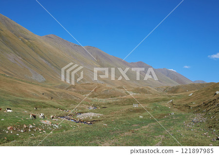 Stunning mountain landscape under a blue sky green valley, perfect for adventure Stunning mountain landscape under a blue sky green valley, perfect for adventure 121897985