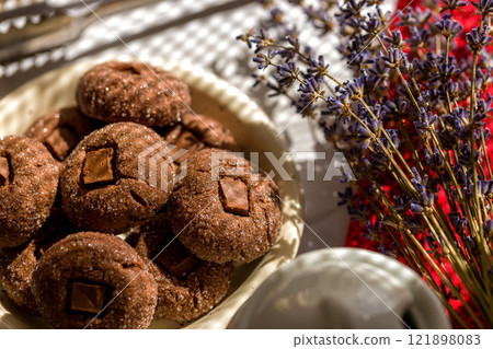 Coffee cookies with chocolate. Delicious homemade dessert 121898083