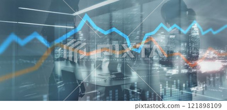 Universal Financial stock trading graph chart diagram business finance concept double exposure mixed media 121898109