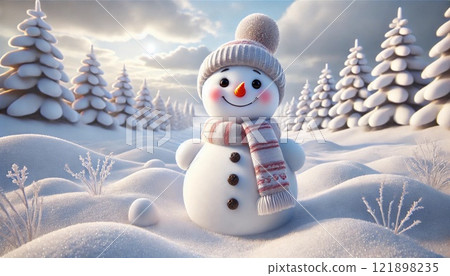 Cute Snowman in Snowy Landscape 121898235